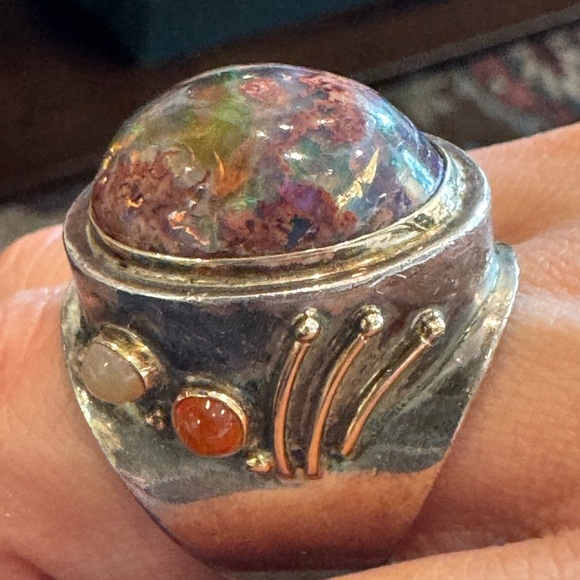 Gorgeous 925 Silver and 14k Fire Agate Ring Size 8 - Picture 1 of 8